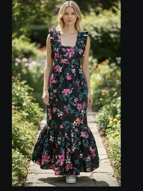 Nwot Signedblake The drop Black/Pink Garden Floral Ruffle Cap Sleeve Maxidress